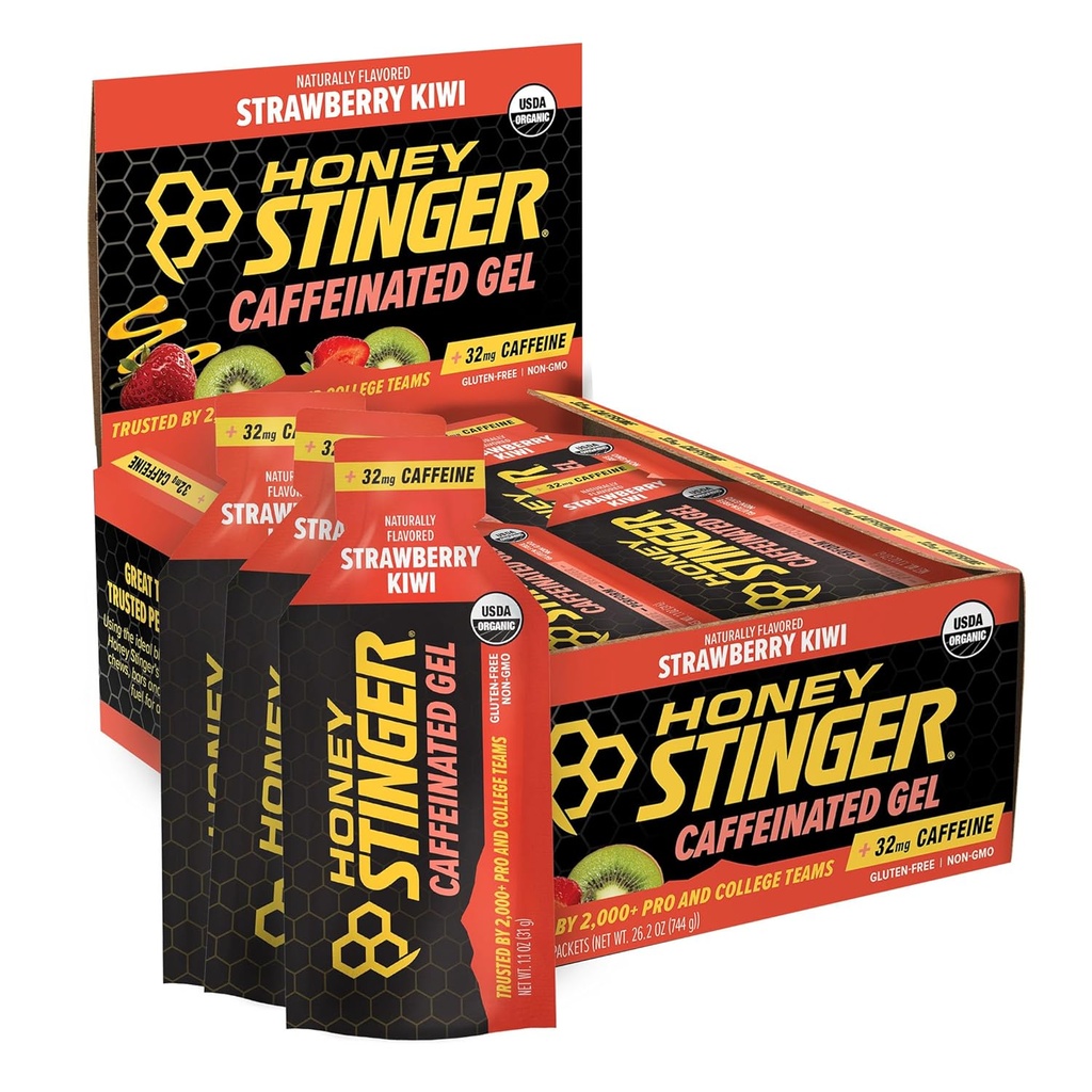Honey Stinger Organic Strawberry Kiwi Energy Gel, Caffeinated & Gluten Free, for Exercise, Running and Performance, Sports Nutrition for Home &amp; Gym, Pre and Mid Workout, 12 Pack, 13.2 Ounce