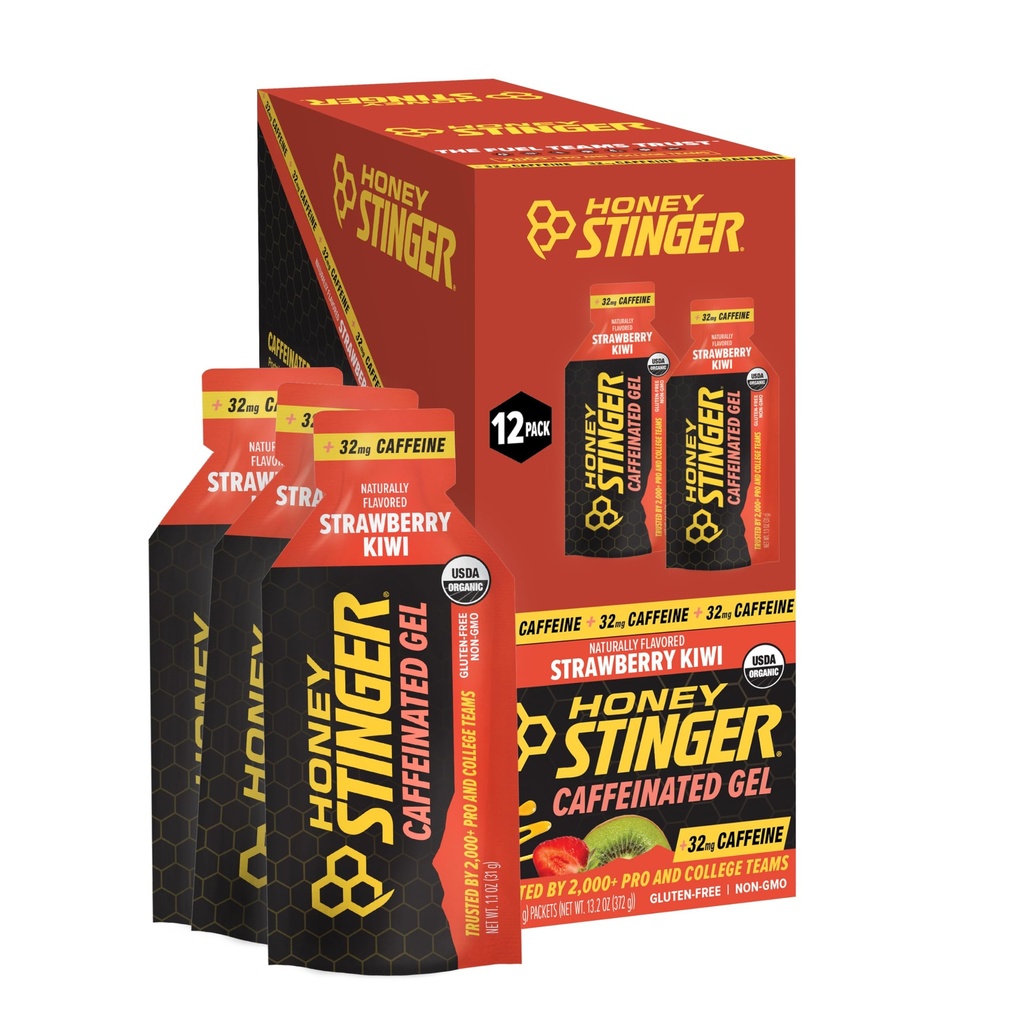 Honey Stinger Organic Strawberry Kiwi Energy Gel, Caffeinated & Gluten Free, for Exercise, Running and Performance, Sports Nutrition for Home &amp; Gym, Pre and Mid Workout, 12 Pack, 13.2 Ounce