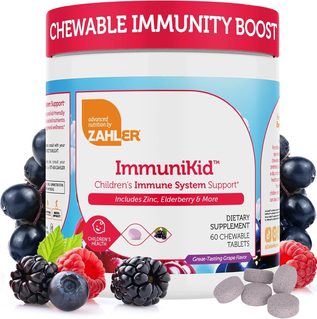 Zahler Kids Immune Support Supplement with Elderberry, Zinc and Vitamin C D3 A - Grape Flavored Chewable Tablets - Kosher for Kids Ages 4 and Up, 60 Count