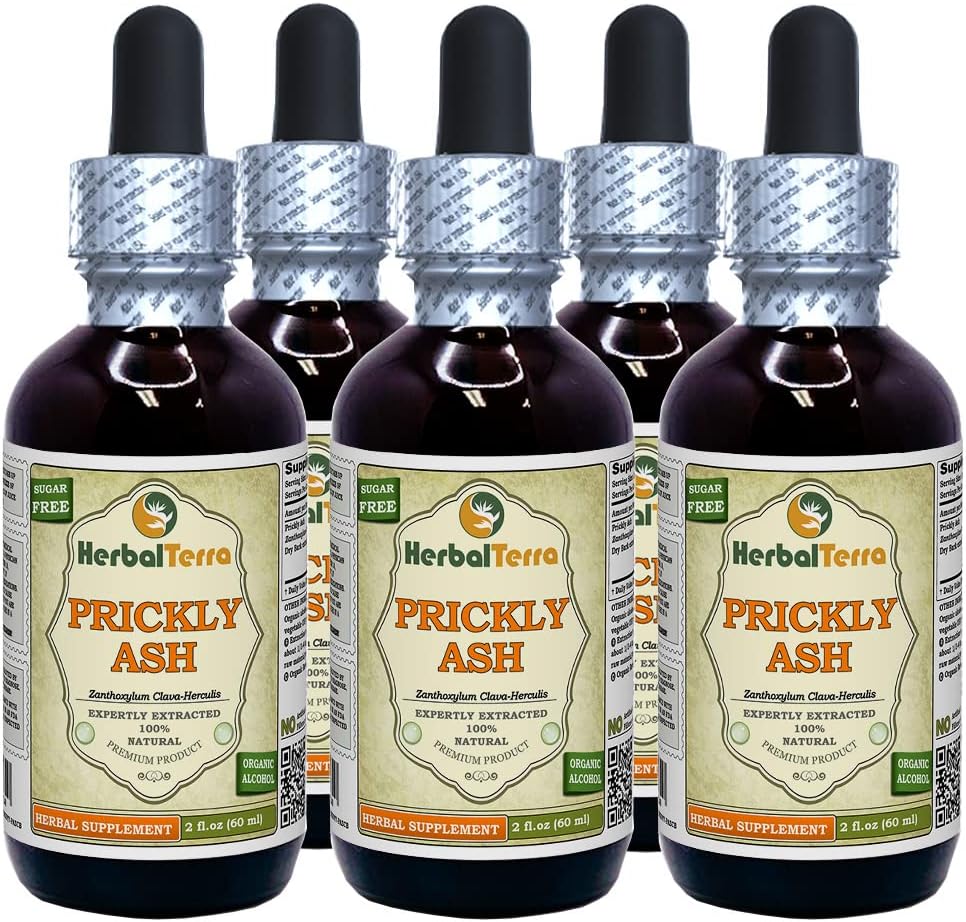 Prickly Ash (Zanthoxylum Clava-herculis) Tincture, Dried Bark Liquid Extract (Marca: HerbalTerra, Proudly Made in USA) 5x2 fl.oz (5x60 ml)
