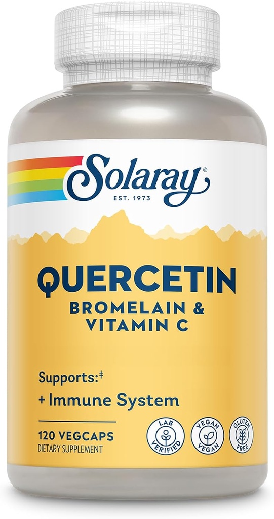 SOLARAY Quercetina con Bromelaina y Vitamina C - Suplemento de Apoyo Inmunitario - Complejo de Salud Antioxidante y Corazón con Quercetina 500mg y 1235mg VIT C - Garantía Vegana, 60 Días, 60 Serv, 120 VegCaps
