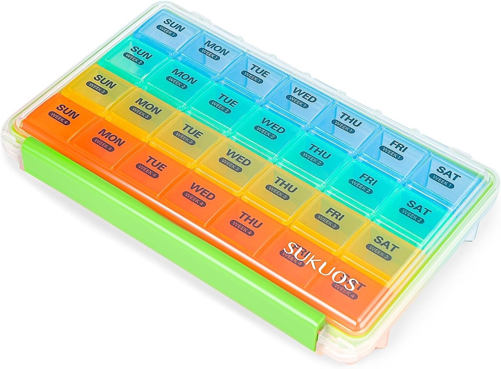 Sukuos Organizador Mensual de Píldora 4 Semana, Gran Caja de Píldora Fácil de abrir, Moistura/Dust-Proof Casos para el Mes Vitamina/Fish Oil/Suplementos con Lid Clara