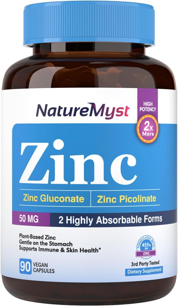 Zinc, Gluconato de zinc altamente absorbible " Zinc Picolinate, 50 mg de Zinc Elemental, Gentle on The Stomach, Immune, Cell " Skin Health, 90 caps Vegan