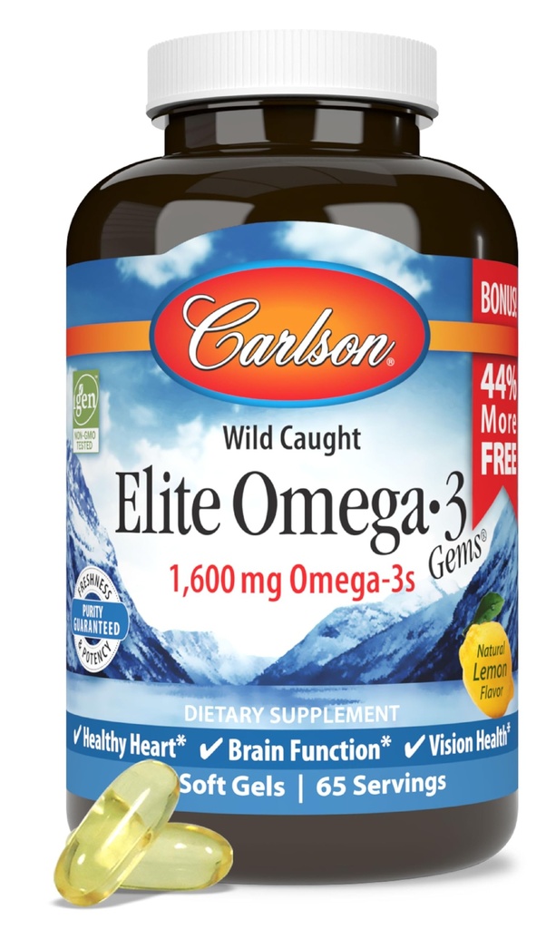 Carlson - Elite Omega-3 Gems, 1600 mg Omega-3 ácidos grasos incluyendo EPA y DHA, suplemento de aceite de pescado noruego, de origen salvaje Omega 3 cápsulas de aceite de pescado, Lemon, 130 Softgels
