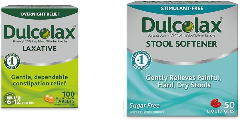 Dulcolax Stimulant Laxative Tablets (100 Conde) Gentle Overnight Constipation Relief, Bisacodyl 5mg " Stool Softener Laxative Liquid Gel Capsules (50ct) Gentle Relief, Docusate Sodium 100mg