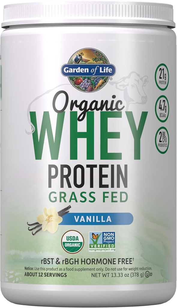 Garden of Life Grass Fed Whey Protein Powder Vanilla - 21g Protein for Women &amp; Men + Probiotics - 12 Servings - Gluten Free, Non GMO, Kosher, Humane, RBST & rBGH Hormone Free