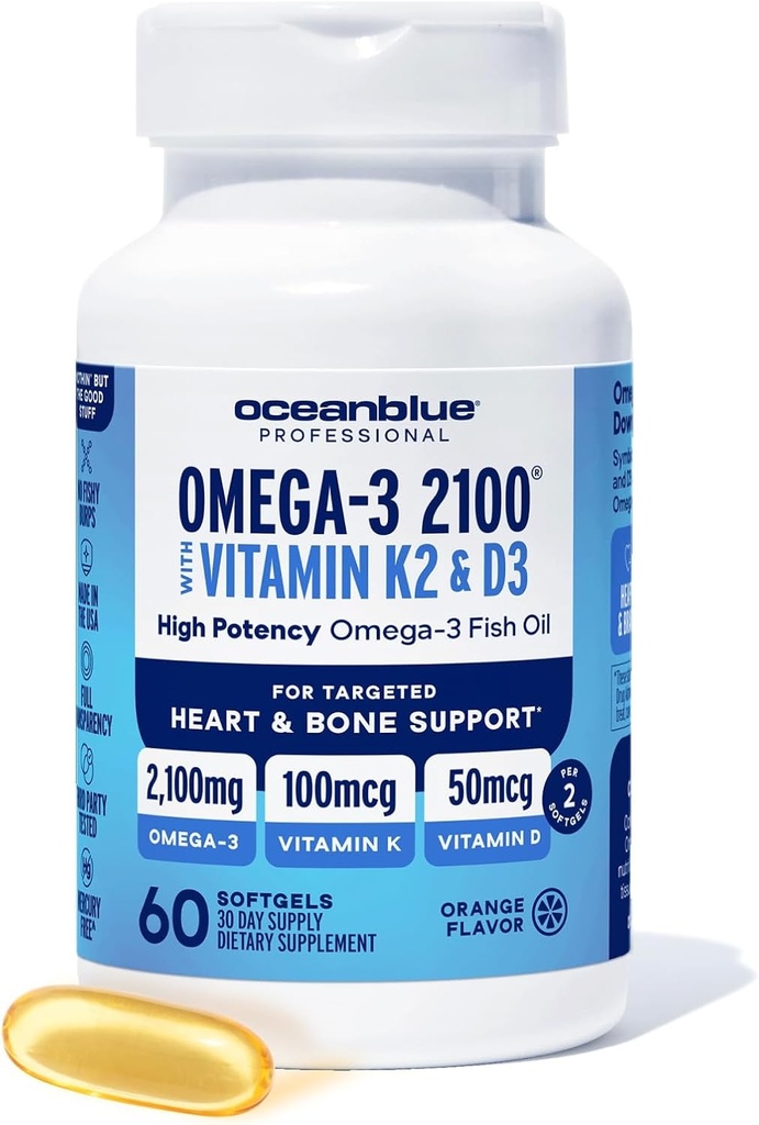 Oceanblue Professional Omega-3 2100 con vitamina K2 y vitamina D3-60 Conde - Triple Strength Burples Fish Oil Omega-3 Suplemento con EPA, DHA &amp; DPA - Wild Caught - Orange Flavor, 30 Servimientos