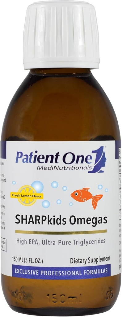 Pacientes One SHARPkids Omegas Liquid tención Suplemento para apoyar el corazón, el cerebro y la salud conjunta* ← Petróleo de pescado de alta potencia Omega-3 ¦ Lemon Flavor  5 fl oz
