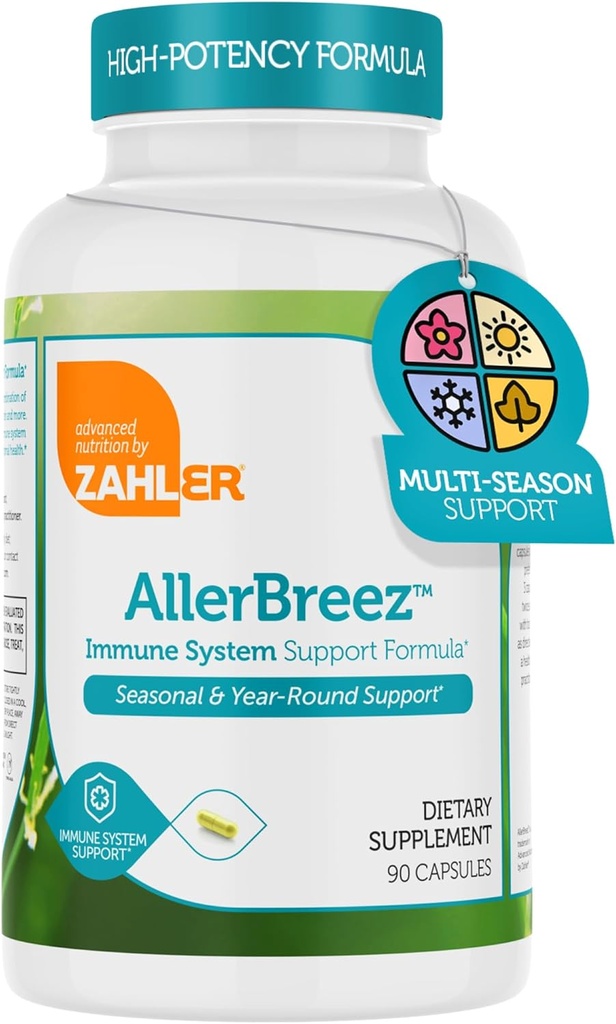 Zahler AllerBreez Immune System Support Fórmula con Vitamina C, Quercetina, Vitamina B5, MSM &amp; Stinginging Nettle - Suplemento de Apoyo Estacional &amp; Año-Round Immune, Suplemento de Alergia Dhist (90 cápsulas)