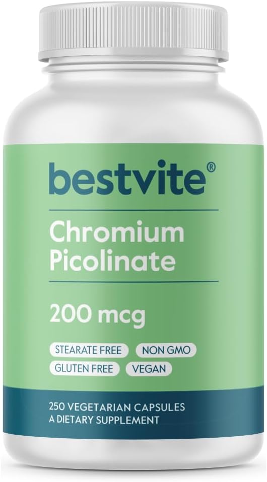 BESTVITE Chromium Picolinate 200mcg (250 cápsulas vegetarianas) - No Stearates - No Dicalcium Phosphate - Vegan - Gluten Free - Non-GMO