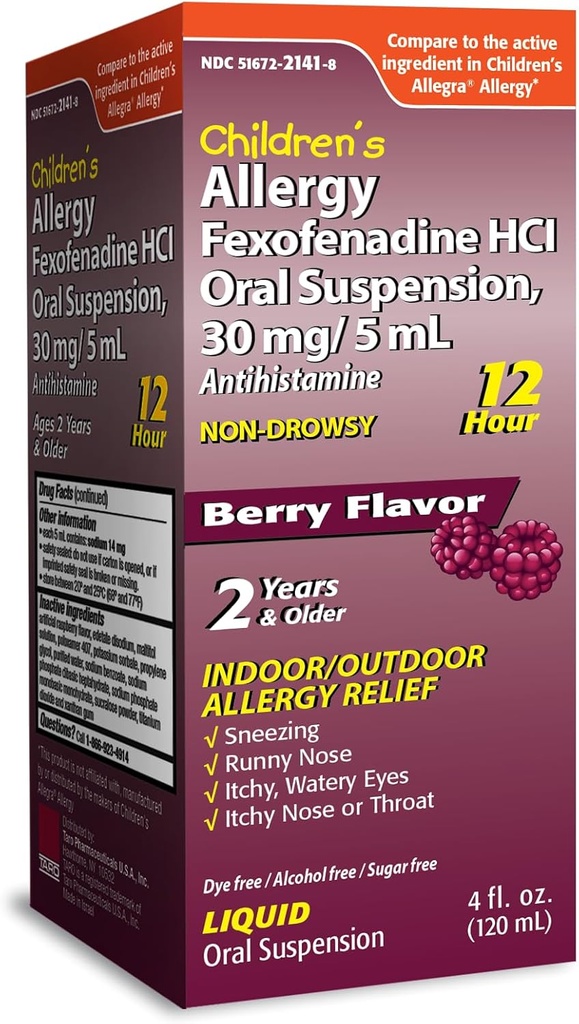 TARO Alivio de Alergia 12HR Alivio de Alergia Antihistamínico Líquido, Sabor de Berry, Libre de Alcohol, Libre de Tinte &amp; Azúcar, Fexofenadine HCl (4 oz)