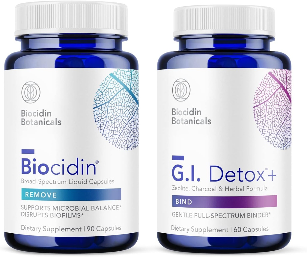 Biocidin Capules y GI Detox+ Binder Bundle - admite el desmantelamiento de biopelículas, desintoxicación saludable y limpieza completa con botánicos, Zeolite y carbón activado