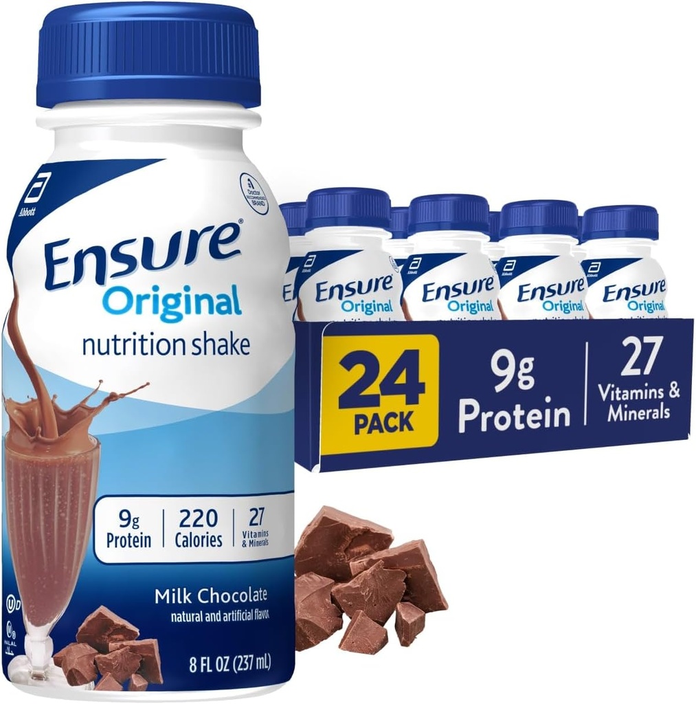 Ensure Original Milk Chocolate Nutrition Shake | Small Meal Replacement Shake | Ready to Drink | 9g Protein, 27 Vitamins and Minerals | 8 fl oz - 24 Pack