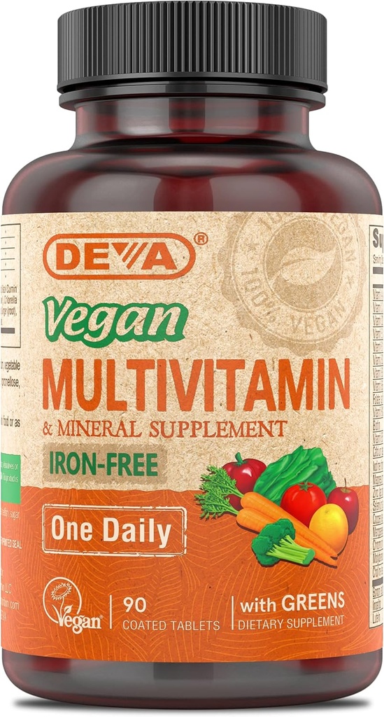 DEVA Vegan Iron-Free Multivitamin &amp; Mineral Suplemento, Green Food Blend, Spirulina, Clorella, Ashwagandha, Broccoli, 90 Coated Tablets