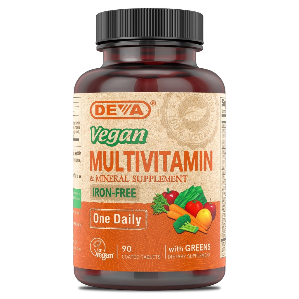 DEVA Vegan Iron-Free Multivitamin &amp; Mineral Suplemento, Green Food Blend, Spirulina, Clorella, Ashwagandha, Broccoli, 90 Coated Tablets