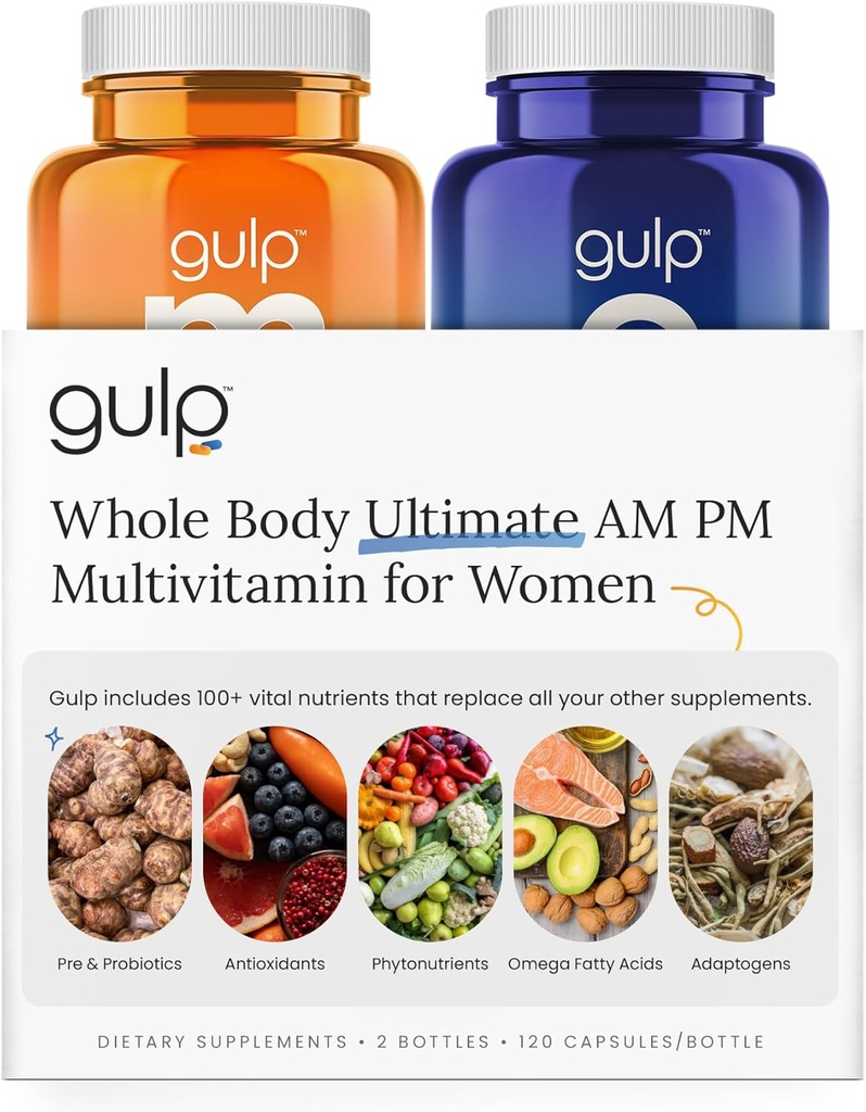 Gulp Ultimate Multivitamin for Women - AM PM Suplementos para Energía Natural, Inmunidad, Salud Gut ' Durmiente Probióticos, Vitamina D, Biotina, B12, Mushrooms, Omega 3 &amp; Más