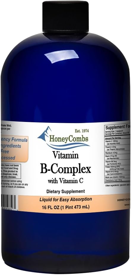 HoneyCombs Vitamina B Complex Drops – Suplemento líquido con vitamina B1, B2, B3, B5, B6, B7, B9, B12 &amp; Vitamina C – Super B Complejo Vitaminas – Suplemento líquido libre de alcohol, 16 Fl Oz.