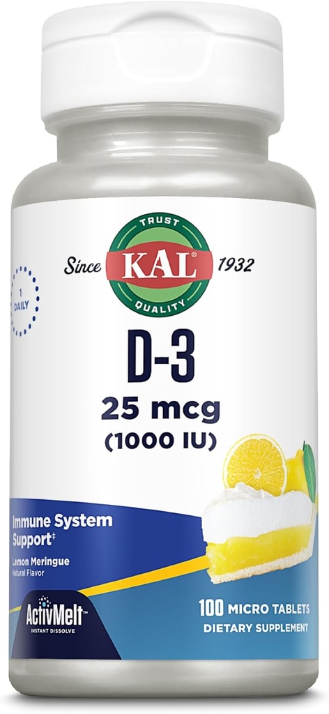 KAL Vitamina D-3 1000 UI ← Natural Lemon Flavor ActivMelt Micro Tablets ← Función sana de la inmune > Soporte de los huesos