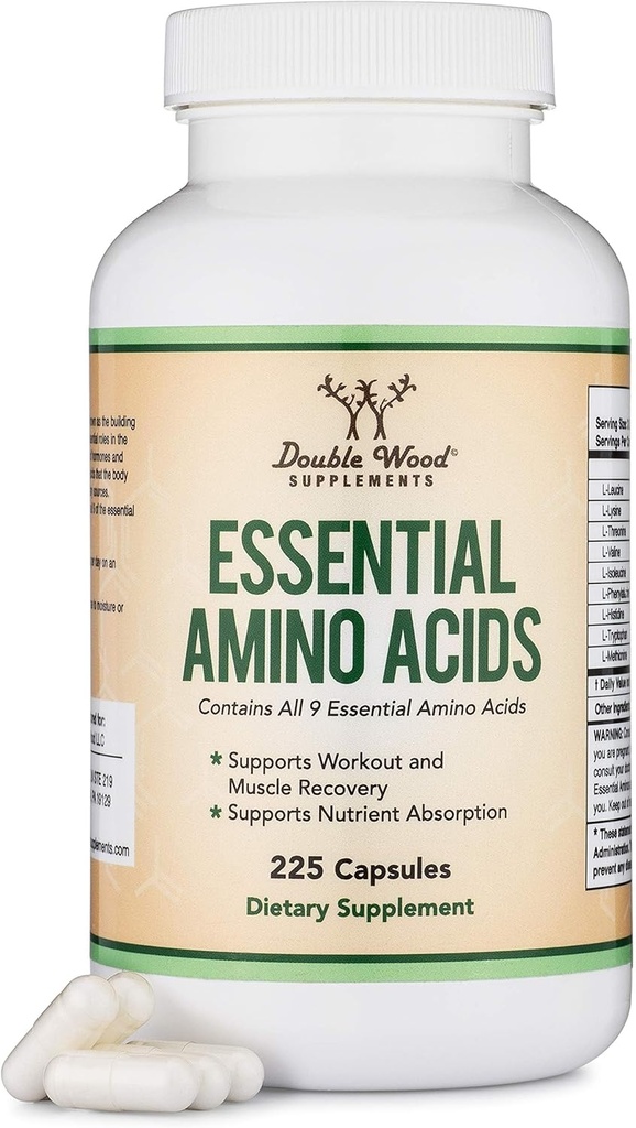 Aminoácidos esenciales - 1 Gram Por Serving Powder Blend of All 9 Essential Aminos (EAA) y Todos los Aminos de Cadena Sustituida (BCAAs) (Leucine, Isoleucine, Valine) 225 cápsulas, Gluten Gratis por Madera Doble
