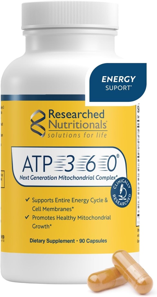 Nutricionales investigados ATP 360 - Suplementos mitocondriales para apoyar el ciclo energético entero Membranes Celulares - Suplementos ATP de investigación clínica, CoQ10 de alta dosis, ácido R-Lipoico & PQQ, 90 cápsulas
