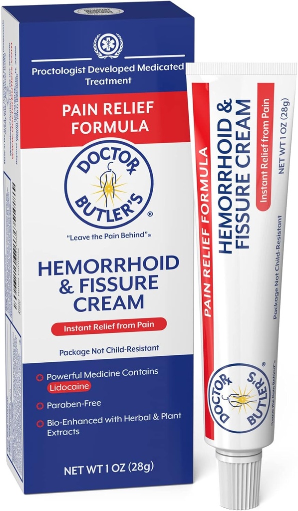 Hemorrhoid &amp; Fissure Cream – Tratamiento de Hemorrhoide de Alivio de Dolor con Lidocaína, Crema de Hemorrhoid rápido en acción para el alivio de la picazón externa y la quema (1 oz.)