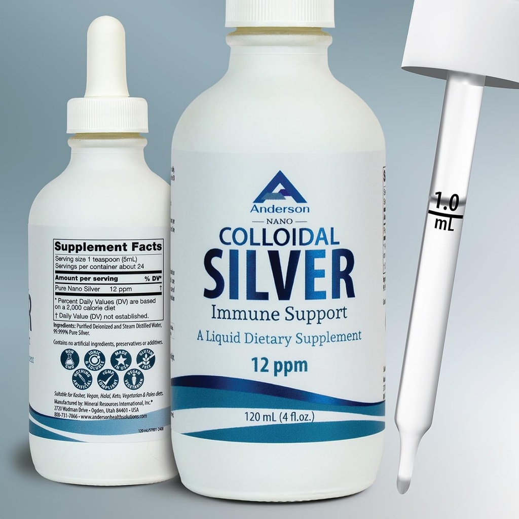 Nano Colloidal Silver Liquid for Immune Support, 12 PPM Deionized Silver, 4 Oz Glass Bottle with Measuring Dropper, 24 Servings