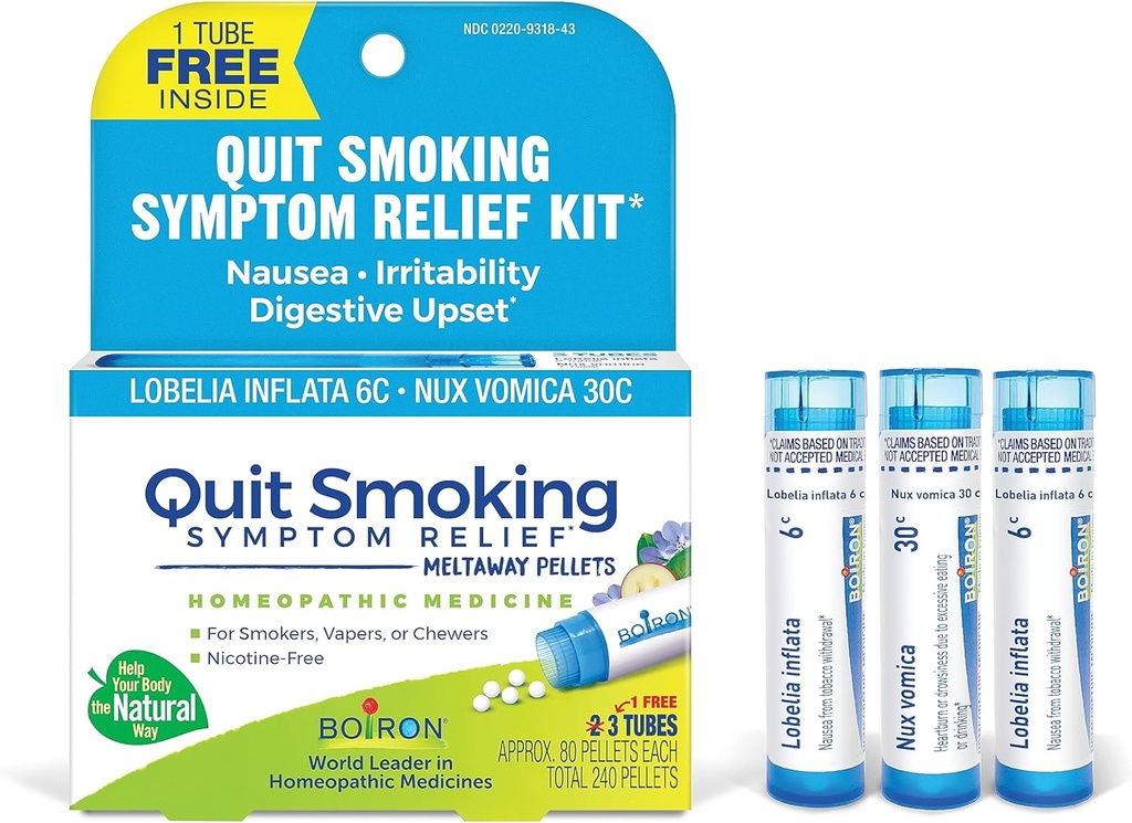 Boiron Quit Smoking Relief Kit for Nicotine Symptoms from Smoking, Vaping, or Chewing – Nausea, Irritability, & Upset Stomach – Non-Drowsy & Nicotine-Free – 3 Count (240 Pellets)