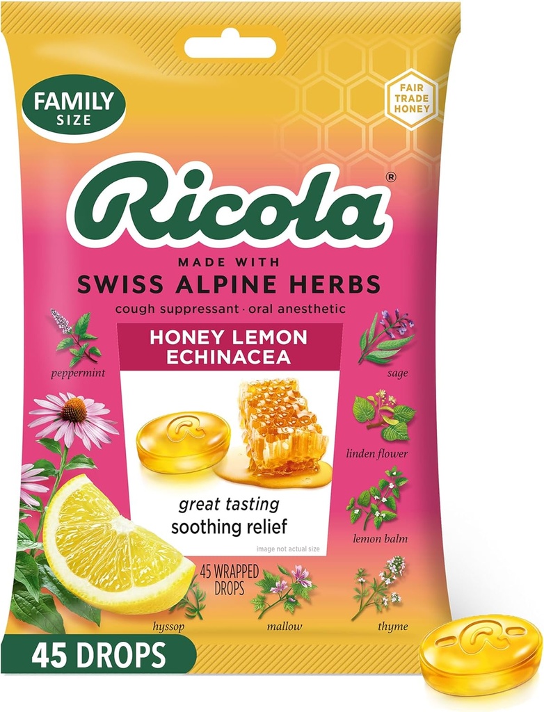 Ricola Honey Lemon with Echinacea Cough Drops, 45 Conde, Delicious Throat Relief & Care, Oral Anesthetic, Naturally Flavored