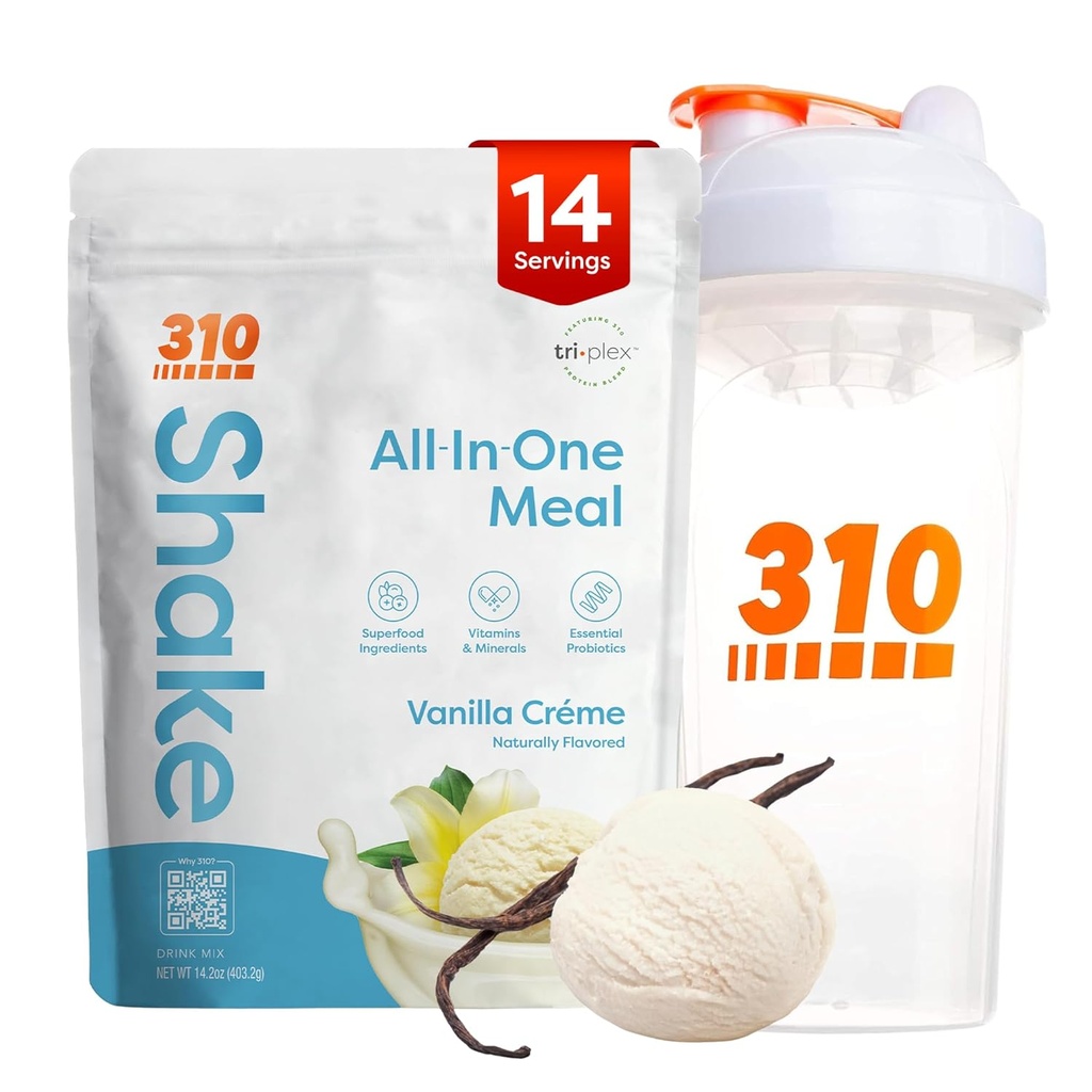 310 Nutrición All-in-One Meal Replacement Shake Powder w/Shaker Cup Starter Kit - High Protein Fiber Rich Vegan Superfood Blend - Sugar-Free, Keto & Paleo Friendly, Low Carb - Vanilla Creme 14 srv