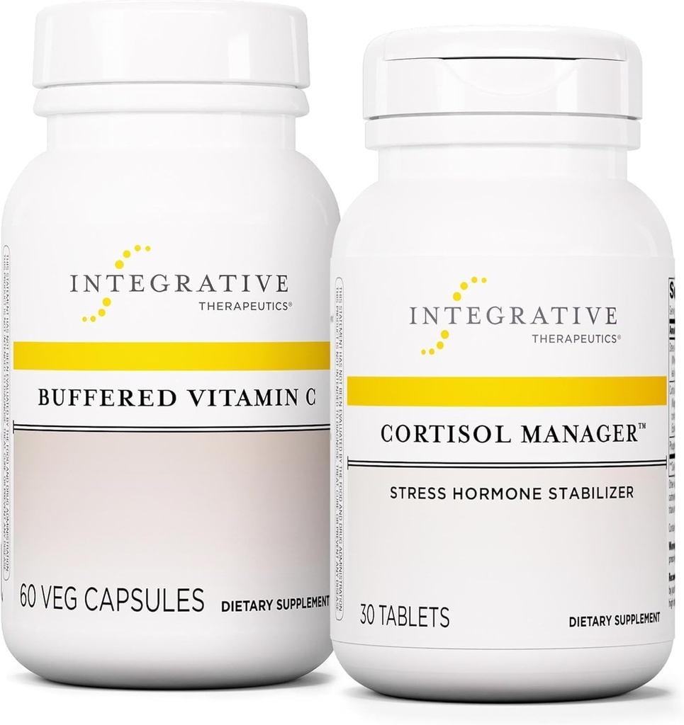 Terapéutica Integrativa Bundle con Cortisol Manager, 30 Tabletas - Vitamina Buffered Capsules 1000 mg, 60 cápsulas Vegan - Suplemento de estrés con Ashwagandha* - Suplemento de inmuno con antioxidantes*