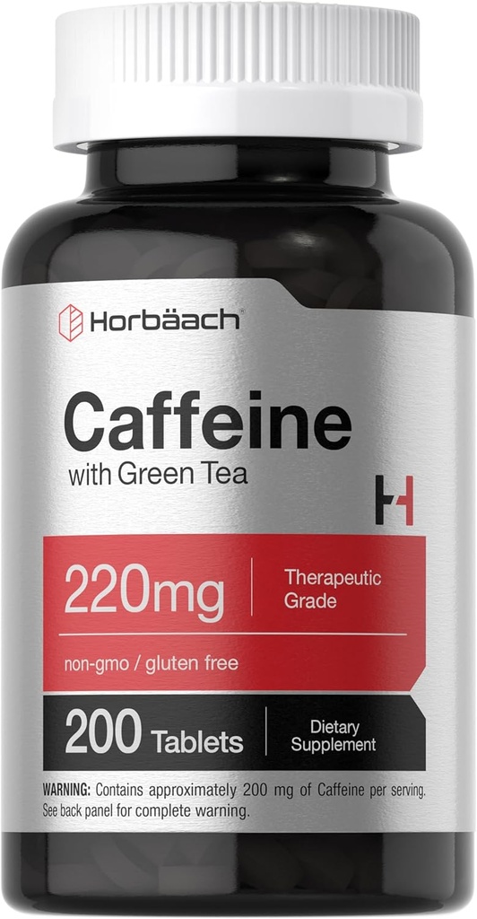 Horbäach Caffeine Pills 200mg  with Green Tea ← 200 Tablets ← Vegetarian, Non-GMO &amp; Gluten Free