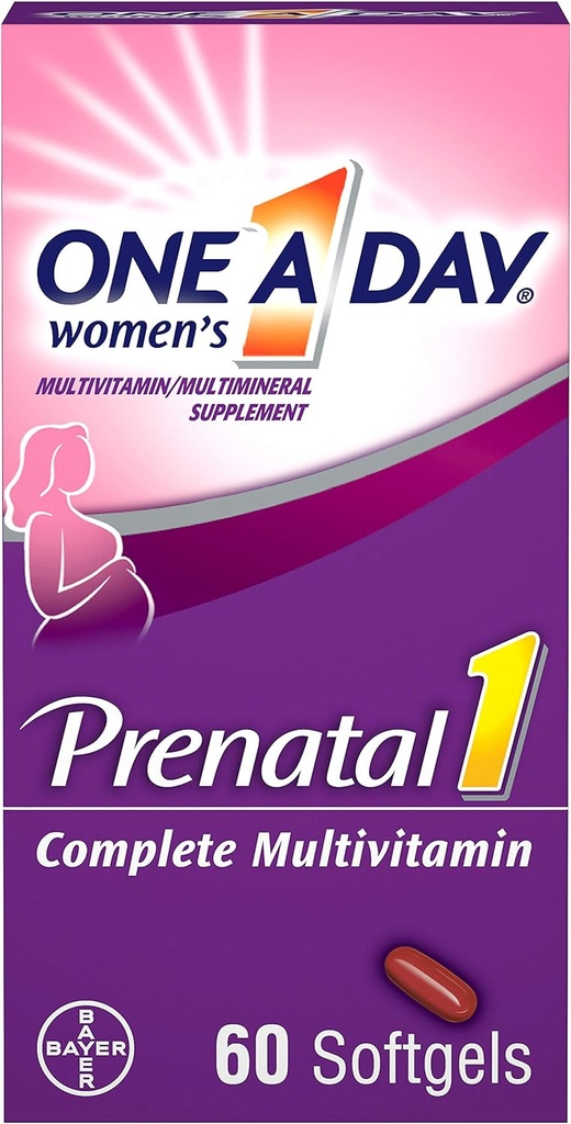 1 Día de la Mujer Prenatal 1 Multivitamina incluyendo vitamina A, vitamina C, vitamina D, B6, B12, Hierro, Omega-3 DHA &amp; más, Tablet,Softgels, 60 Cuenta - Suplemento para antes, durante, " Embarazo