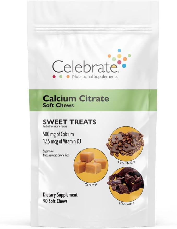 Celebrar Vitaminas Bariatric Calcium Citrate Soft Chews con Vitamina D3, 500 mg, Citrate de Calcio Libre de Azúcar para Pacientes Bariatrices, Dulces Treats, 90 Conde