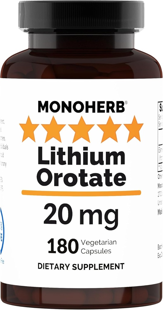 MONOHERB Litio Orotate 20 mg de Litio Elemental por Cápsula - 180 cápsulas vegetarianas