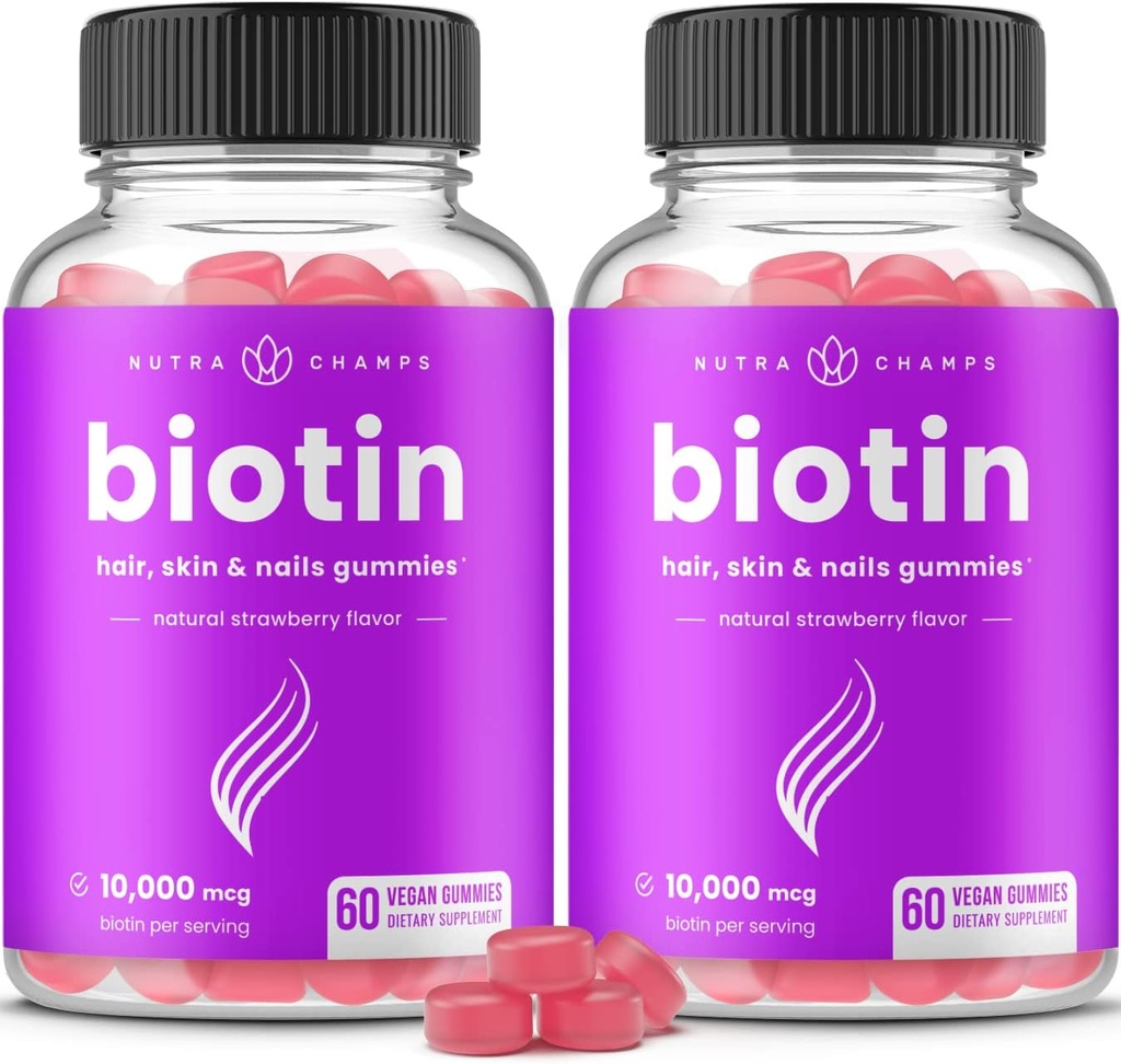 NutraChamps (2 Pack) Biotin Gummies 10,000mcg [High Potency] for Healthy Hair, Skin & Nails for Adults & Kids - 5000mcg in Every Gummy Vitamin - Vegan, Non-GMO, Pectin-Based Hair Health Supplement