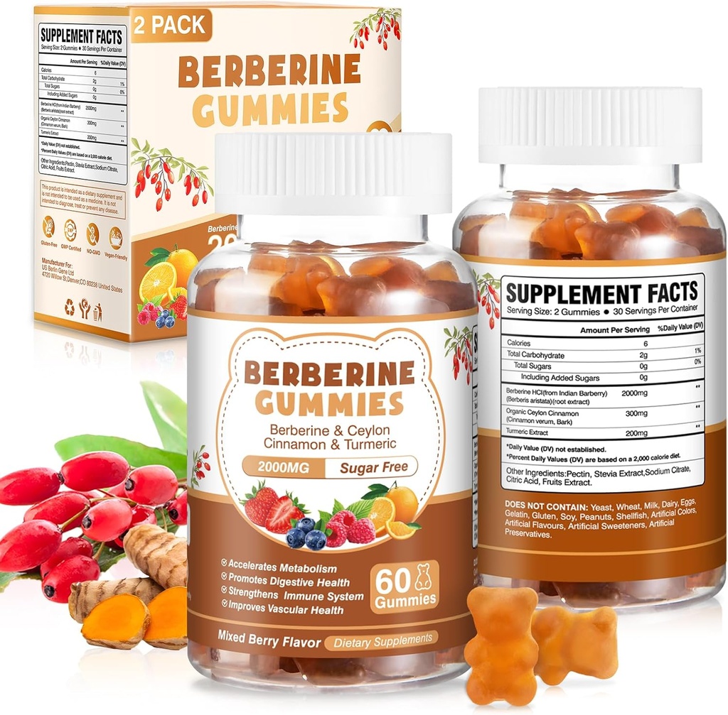 120 Conde Berberine Extracto Gummies 2000mg Natural Orgánica Berberina Extracto HCI Suplemento con Ceylon Canela Turmeric para Mujeres Hombres Apoyo Digestivo Sistema Inmunitario Metabolismo Mixto Berry Flavor