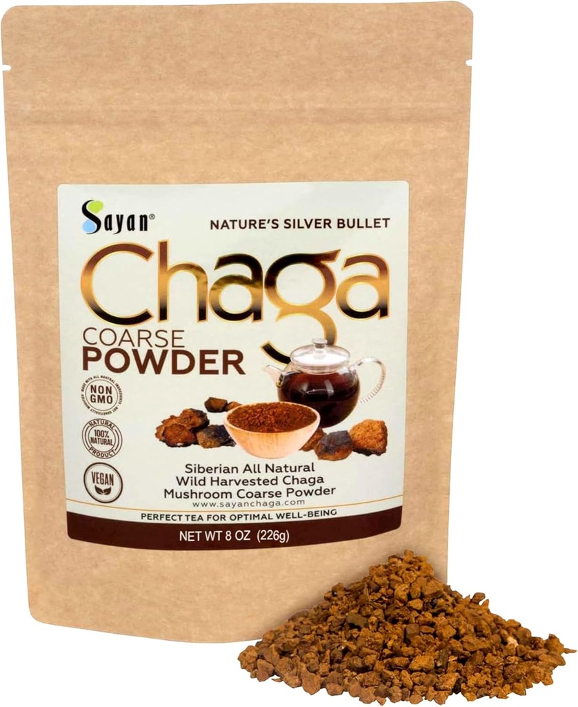 Sayan Siberian Pure Raw Coarse Chaga Powder 8 Oz / 226g – Premium Wild Forest Harvested Super Antioxidant Tea – Soporta el Sistema Inmunitario y la Salud Digestiva – Focus, Energy, Clarity, Wellness - Non-GMO