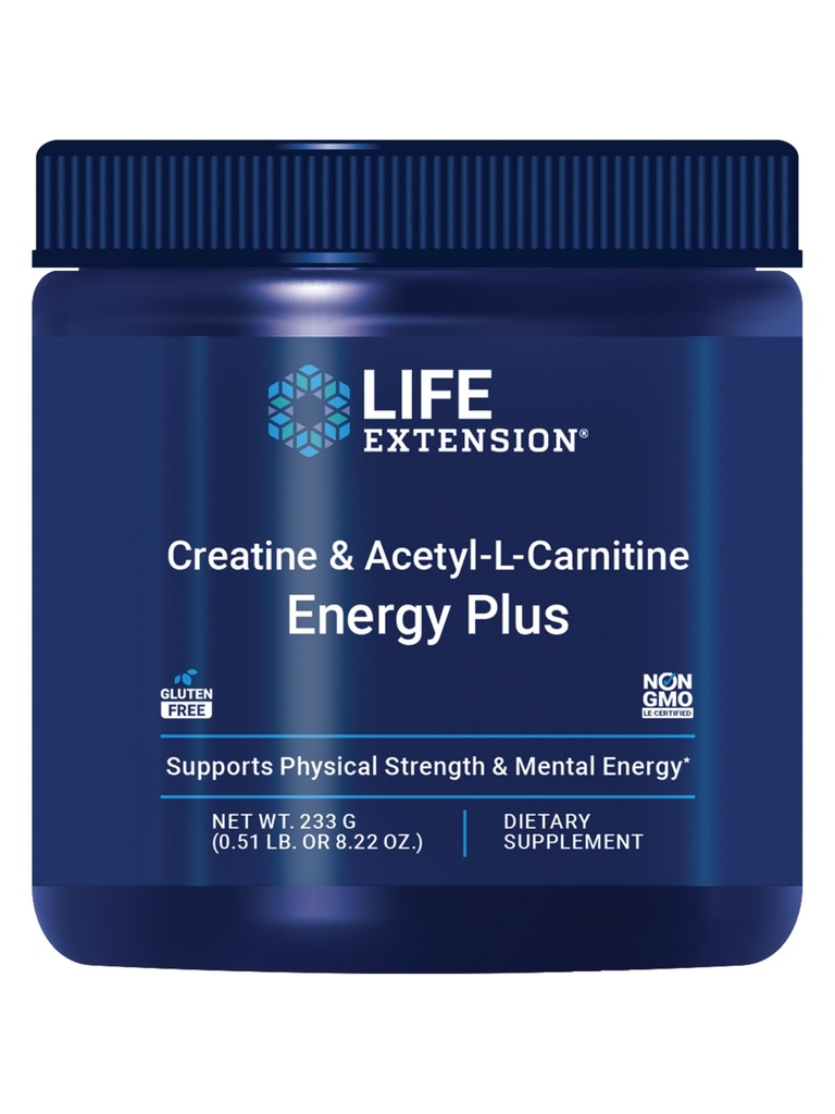 Ampliación de vida Creatine Acetyl-L-Carnitine Energy Plus, Energy Support Supplement, creatine monohydrate, Acetyl-L-carnitine, Gluten-Free, Non-GMO, Vegetarian, 30 Servings
