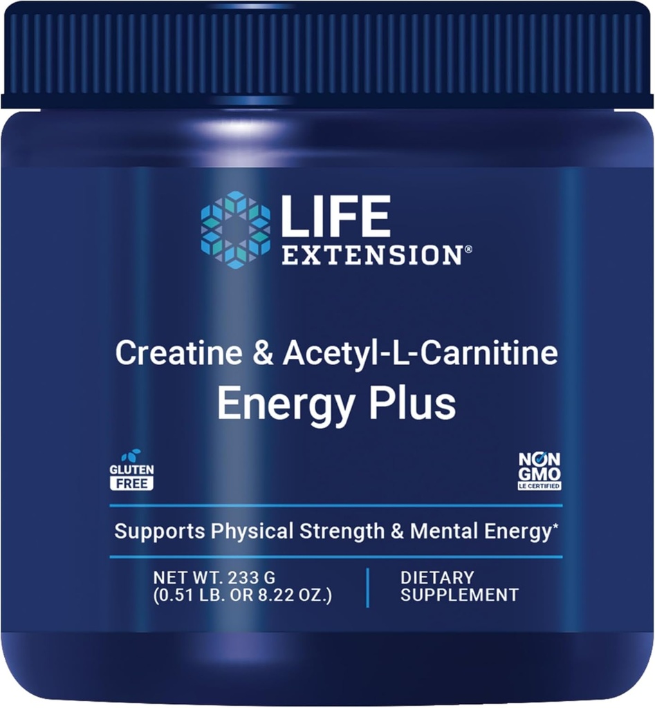 Ampliación de vida Creatine Acetyl-L-Carnitine Energy Plus, Energy Support Supplement, creatine monohydrate, Acetyl-L-carnitine, Gluten-Free, Non-GMO, Vegetarian, 30 Servings