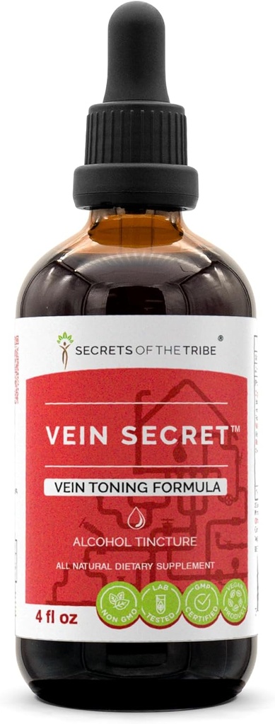 Vein Secret Alcohol, Broom de Carnicero de Glicerito, Castaña de Caballo, Ceniza Prickly, Rosemary, Stoneroot. Tintura, Herbal Extract Vein Tonnig Fórmula (4 FL OZ)