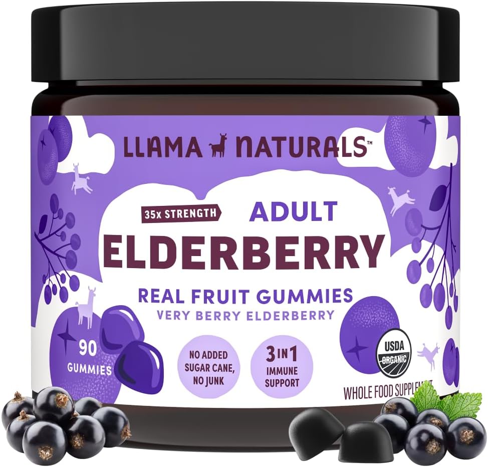 Llama Naturals Gummies de Elderberry para Adultos, Vegan, Orgánica Immune Support Suplemento con Vitamina C y Zinc, Frutas Reales Gummy Vitaminas para Inmunidad, Chewable, No Añadido caña de azúcar, 90 Ct