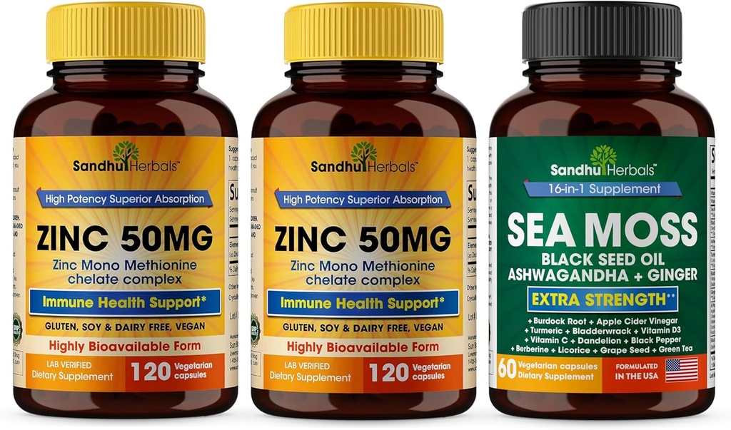 Sandhu Herbals Zinc 50mg &amp; Sea Moss Black Seed Oil Ashwagandha Ginger Burdock Root Suplemento para Hombres &amp; Mujeres sometidas en USA