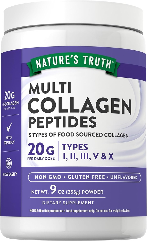 La verdad de la naturaleza Multi Collagen Peptide Powder TENIDO 9 oz TENIDO Tipo I, II, III, V, X TENIDO ANTERIOR Desarrollado ANTE No GMO &amp; Gluten Suplemento Libre