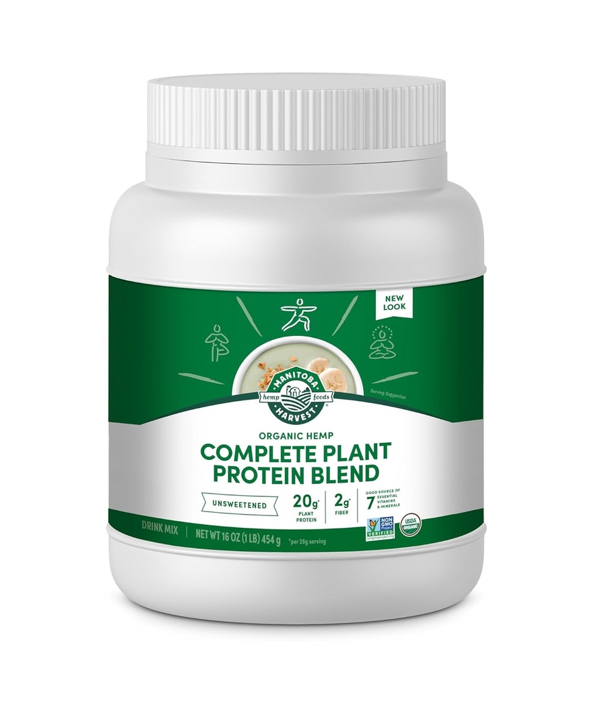 Manitoba cosecha cáñamo Sí Polvo Proteína de base vegetal orgánico con 20g de planta completa, 2g de fibra &amp; 2g Omegas 3 =6, No GMO, Vegan, Unsweetened, 16 Oz, Embalaje mayo Vary