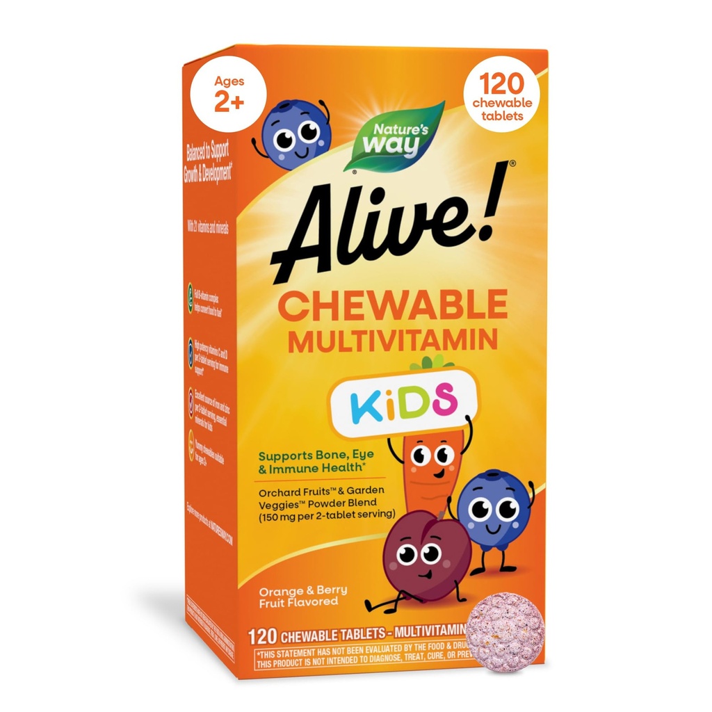 Nature’s Way Alive! Children’s Chewable Multivitamin, Kids Multivitamin with Orchard Fruits and Garden Veggies Powder Blend, Daily Kids Vitamins for Nutritional Support Cherry Flavor, 120 Tablets