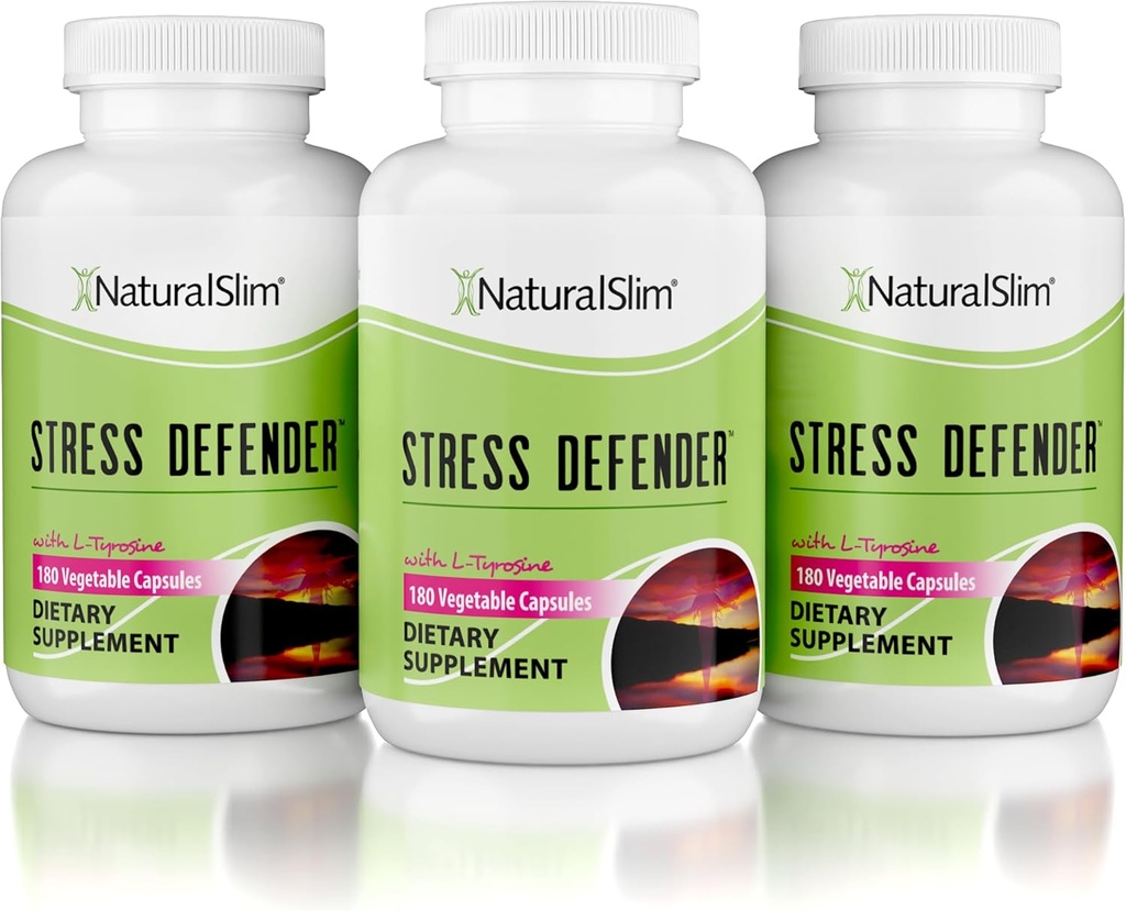 NaturalSlim Stress Relief Supplement - Stress Defender, High Cortisol Reducer, Control Cravings, Sleep & Metabolism Support with Vitamin B5 Pantothenic Acid &amp; L Tyrosine 180 Vegetable Capsules 3 Pack