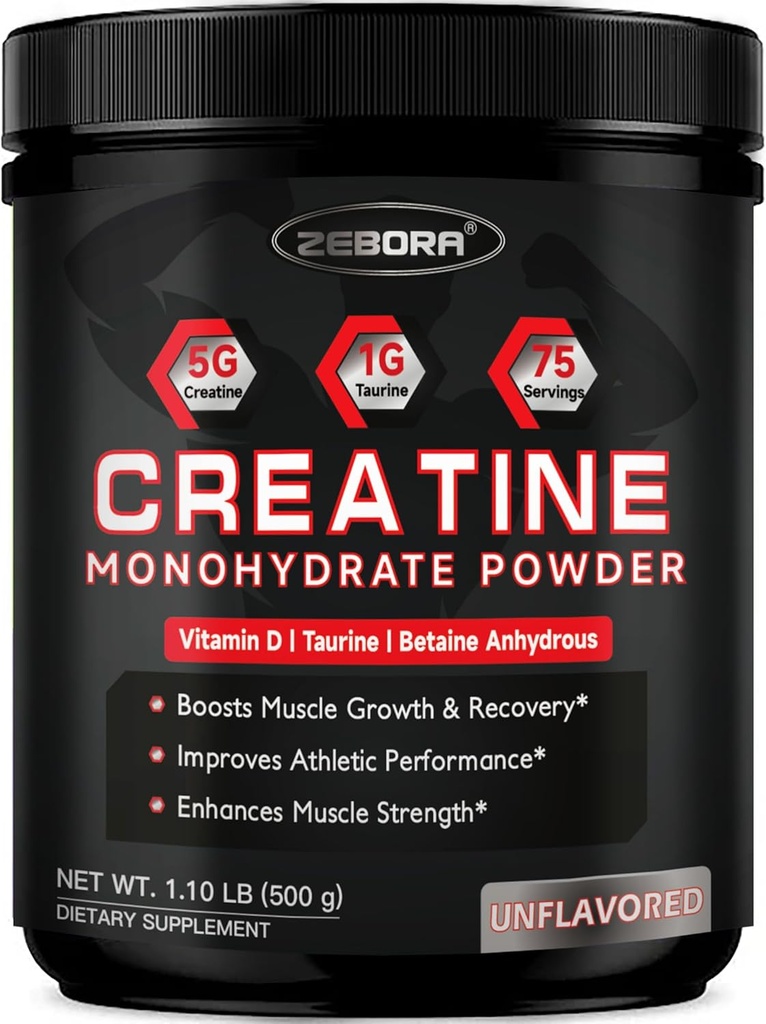 ZEBORA Micronized Creatine Monohydrate Powder, Creatine Monohydrate for Women-Men, Ayuda a la recuperación del músculo, mejora el tamaño del músculo &amp; fuerza con 5G Creatine y 1G Taurine