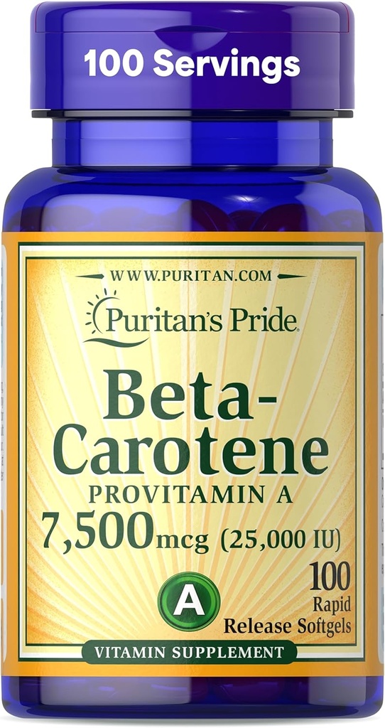 Puritan Pride Beta Carotene Provitamin A 7,500mcg (25,000 UI), Suplemento de vitaminas para el sistema inmunitario, Antioxidante y soporte de salud ocular, 100 Day Supply, 100 Rapid Release Softgels