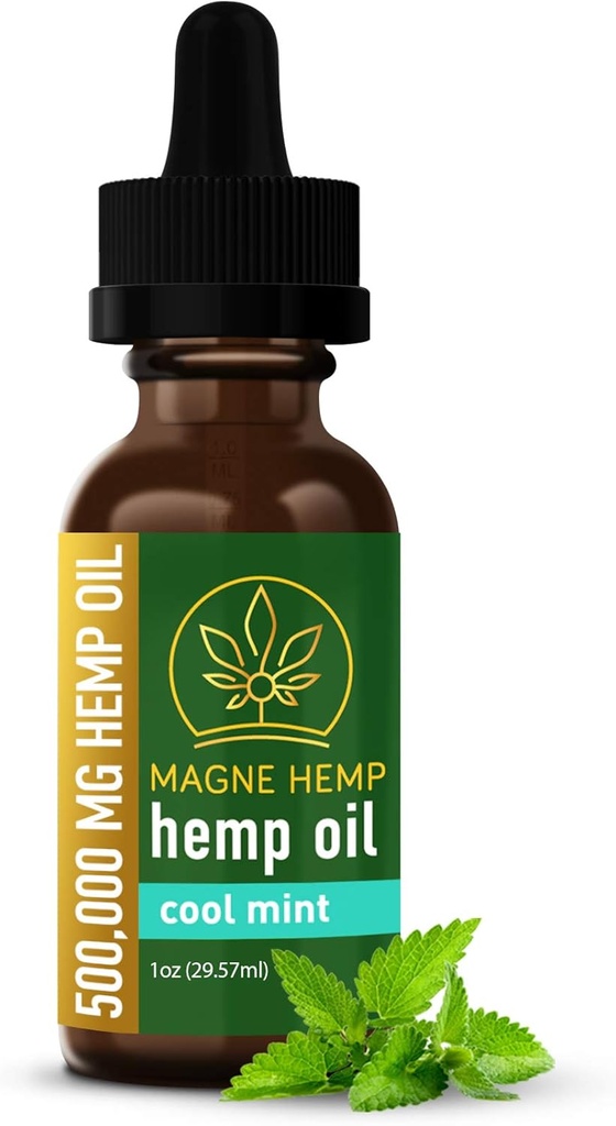 MagneHemp Organic Hemp Oil - Powerful 500,000mg THC-Free Hemp Oil Cool Mint Essential Oils Flavoring - High Potency Hemp Oil Extract for Joint Support and Mood Enhancement - Omega 3 6 9, Vitamin E