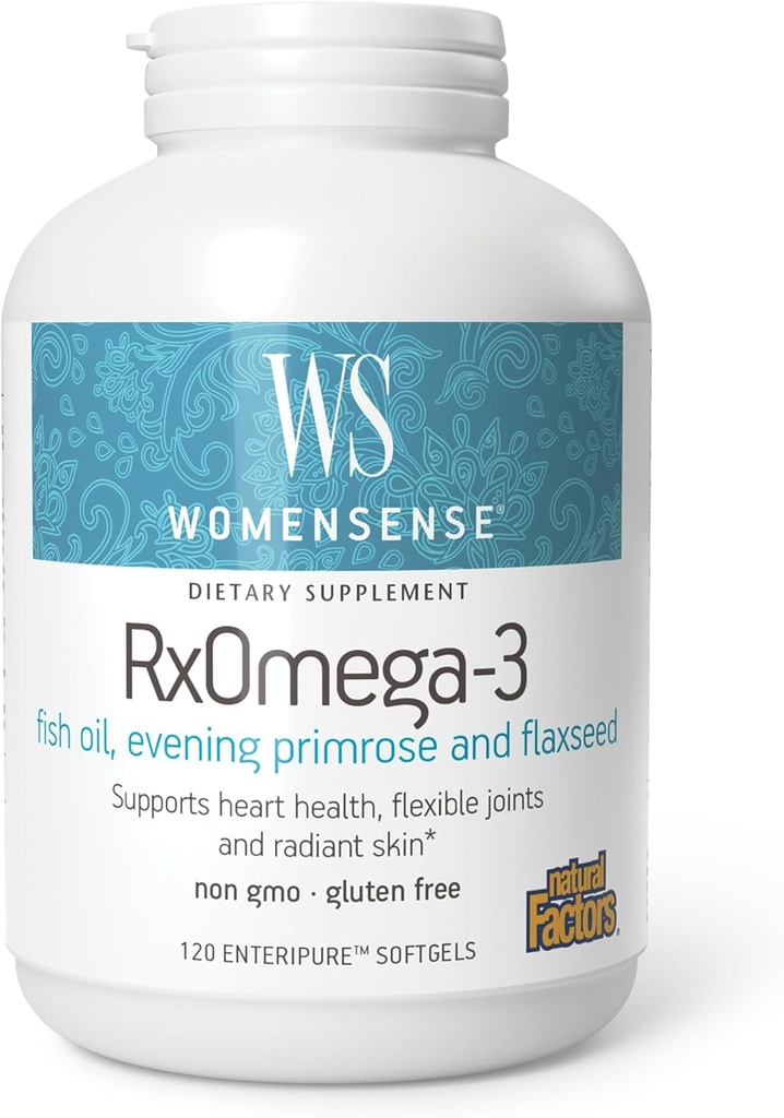 WomenSense by Natural Factors, RxOmega-3 Fish Oil, Supports a Healthy Heart and Joints with Primrose Oil, Omega-3 DHA and EPA, Gluten Free, 120 softgels (60 porciones)